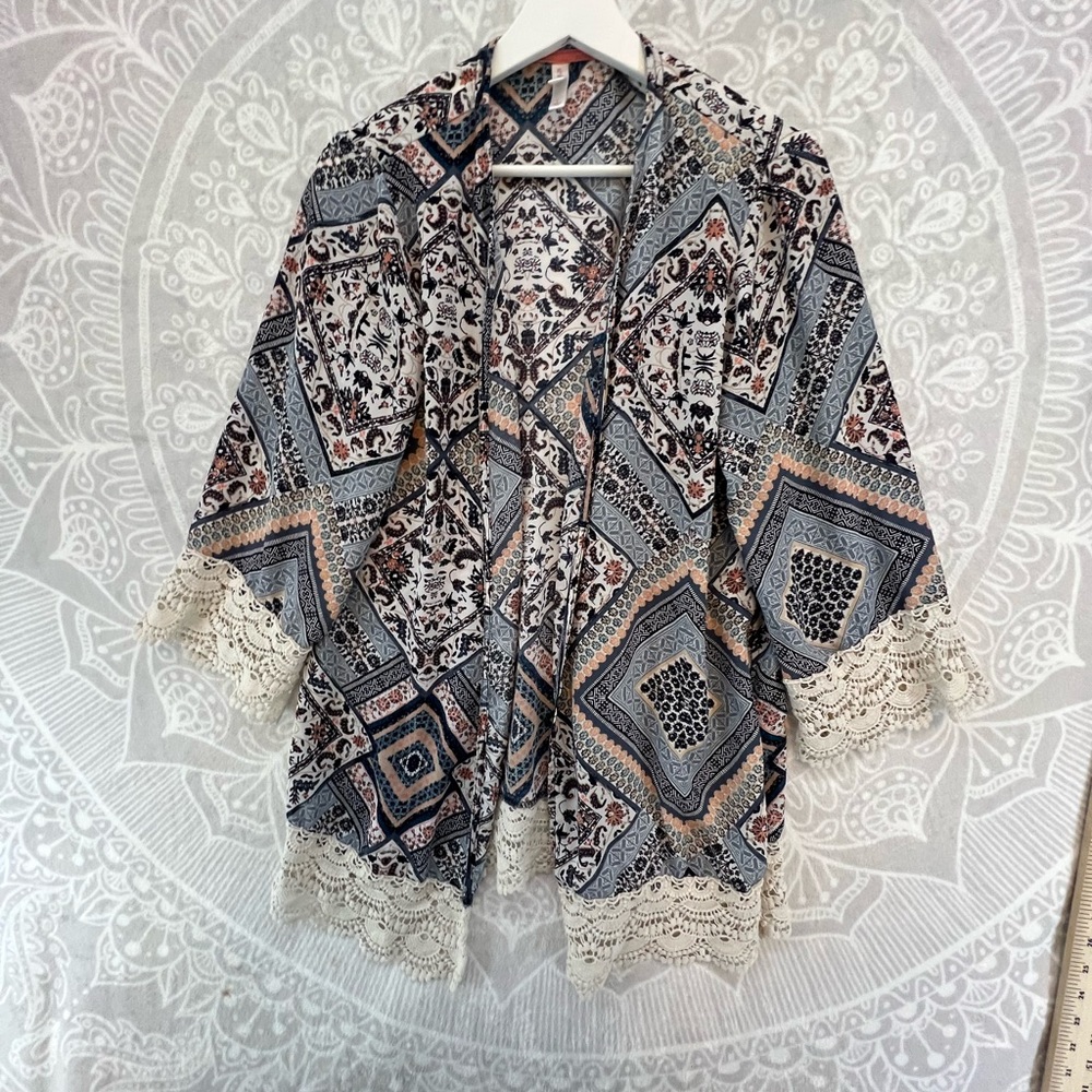 XHILARATION OPEN FRONT CARDIGAN TOP OVERSIZED COVER UP LACE PRINT PINK BLUE EUC - Picture 10 of 11